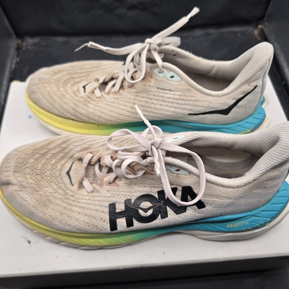 Hoka Shoes - Hoka Beige Shoes with Yellow and Blue Gradient‎ Sole